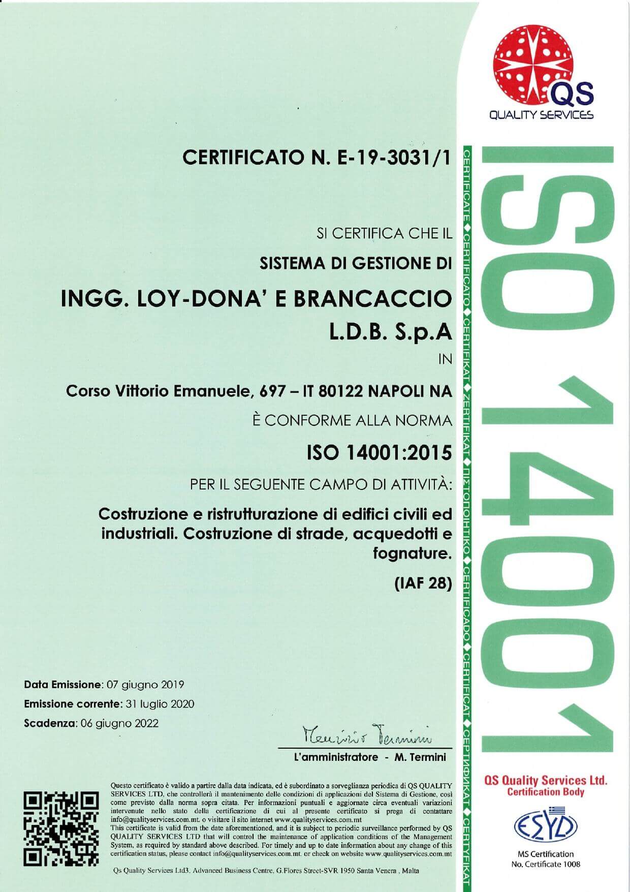 LDB S.p.a. Certificato 14001