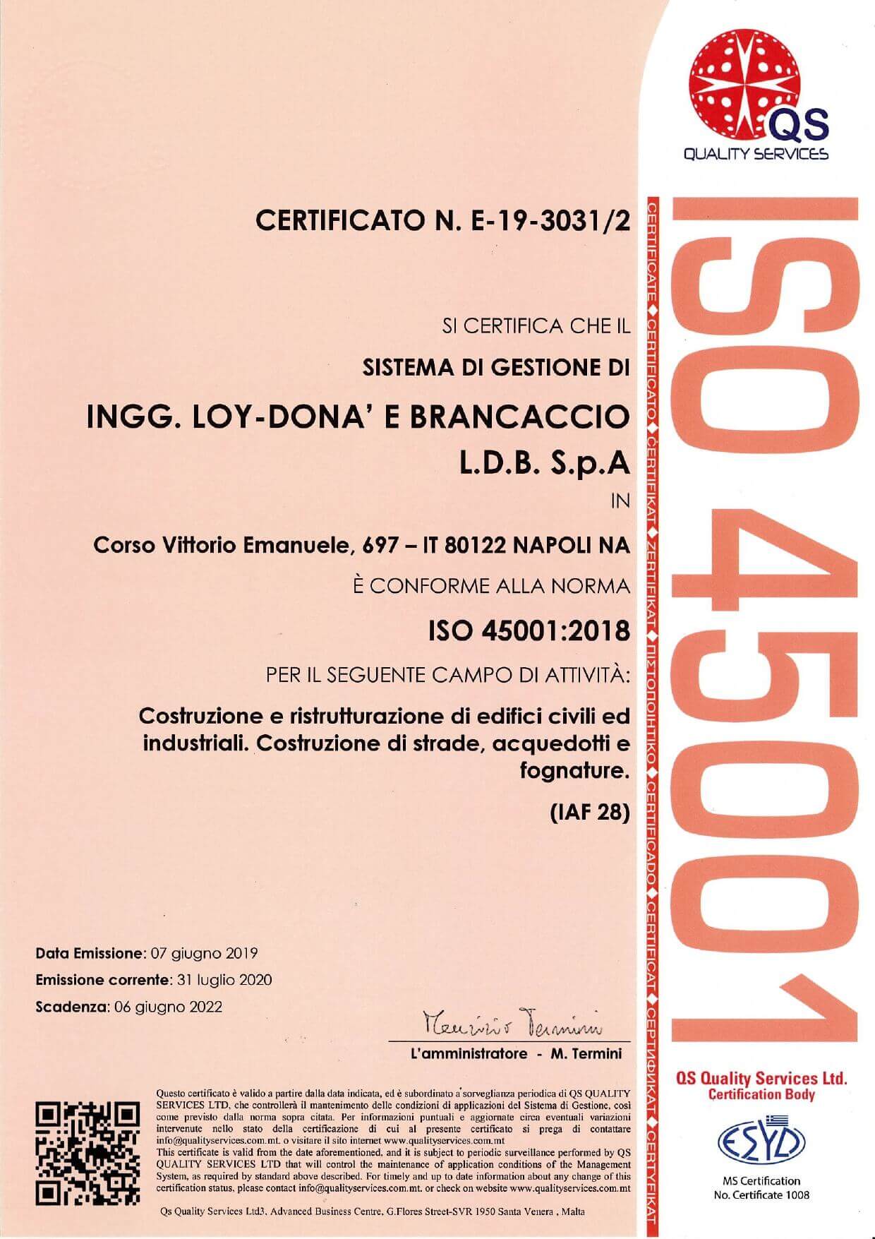 LDB S.p.a. Certificato 45001